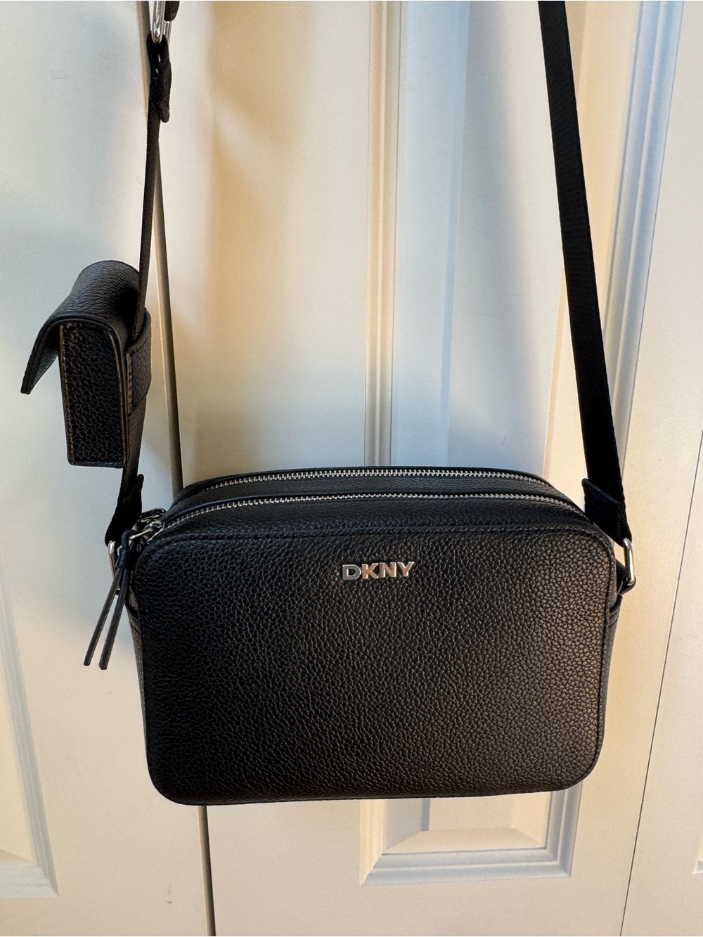 DKNY Black Pebbled Leather Double-Zip Crossbody with Logo